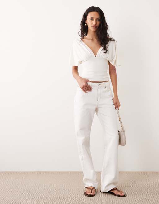 ASOS DESIGN polyamide plunge sleeveless tie back cinch top in cream, 2 of 4