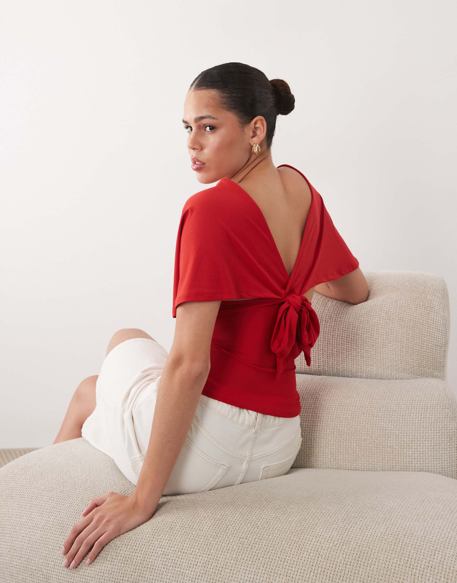 asos design polyamide plunge sleeveless tie back cinch top in red