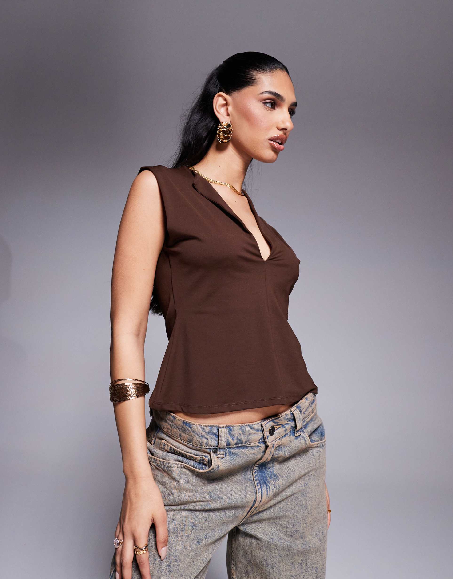 asos design polyamide plunge top with cinched waist in chocolate