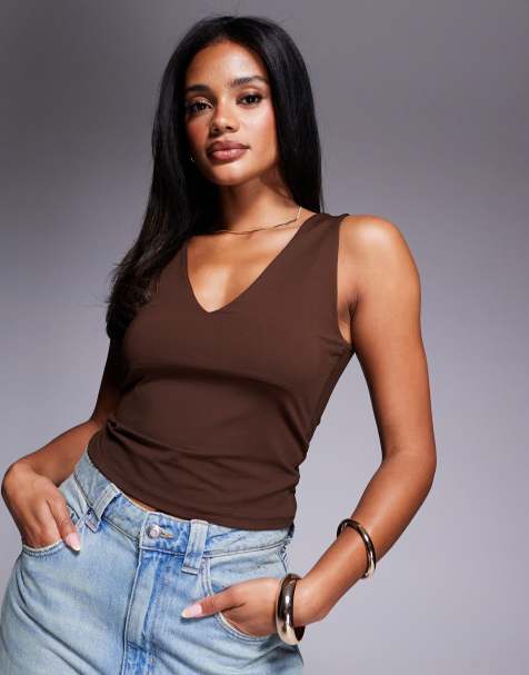 ASOS DESIGN polyamide plunge v neck top in brown - view 1