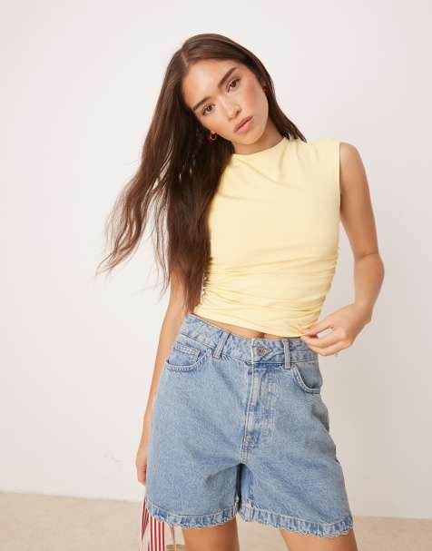 ASOS DESIGN polyamide ruched cut out tank top in buttermilk yellow - YELLOW - view 1