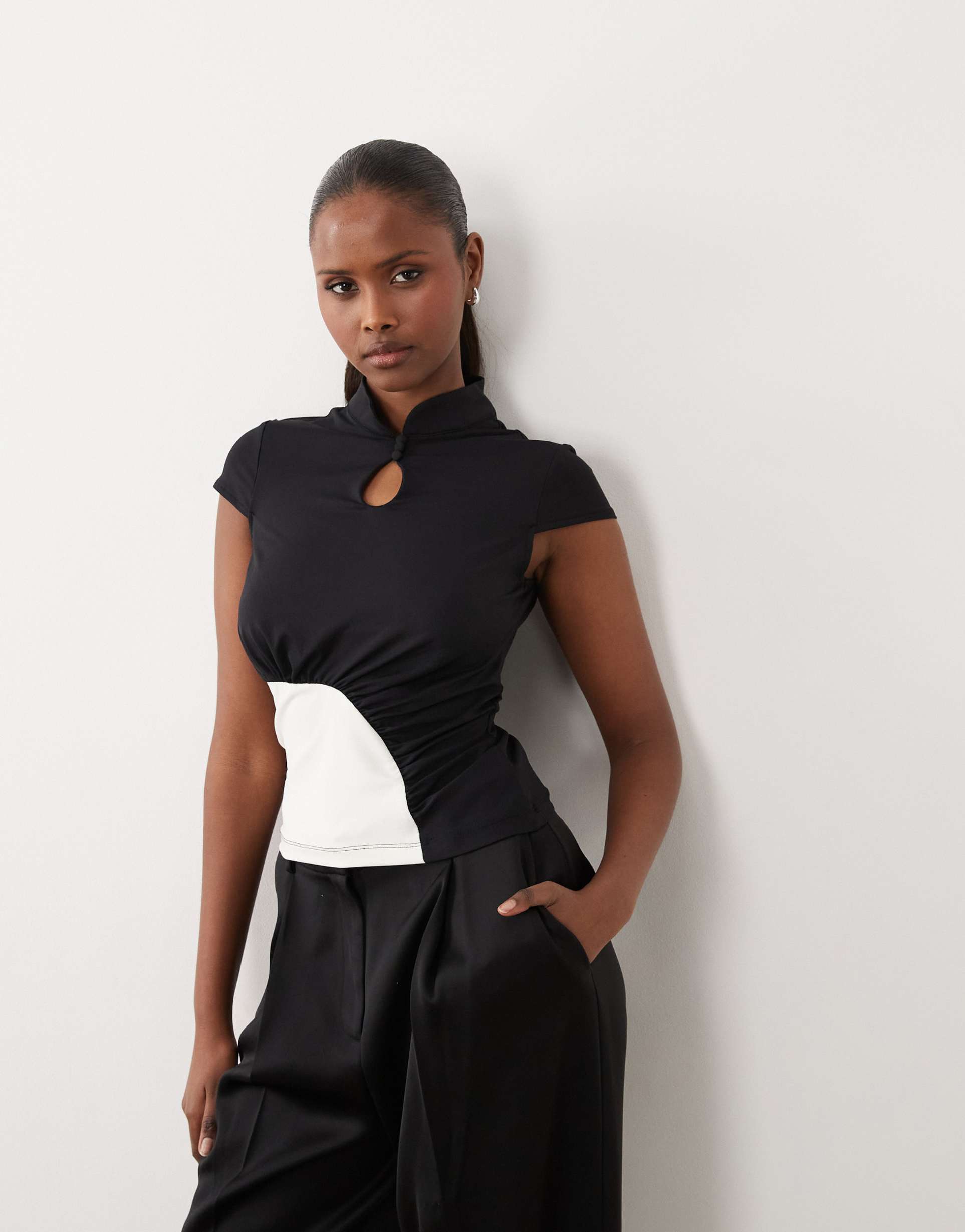 asos design polyamide ruched mandarin cap sleeve top in chocolate