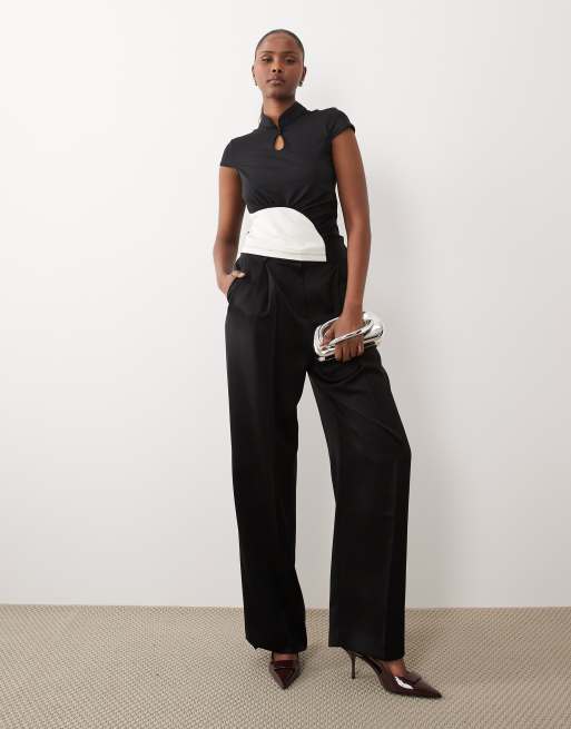 ASOS DESIGN polyamide ruched mandarin cap sleeve top in chocolate, 2 of 4