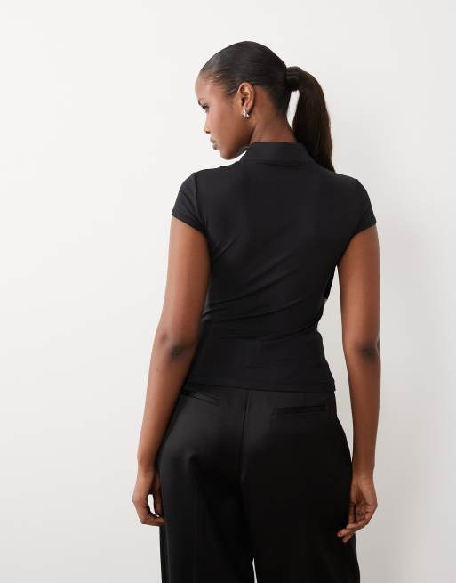ASOS DESIGN polyamide ruched mandarin cap sleeve top in chocolate, 4 of 4
