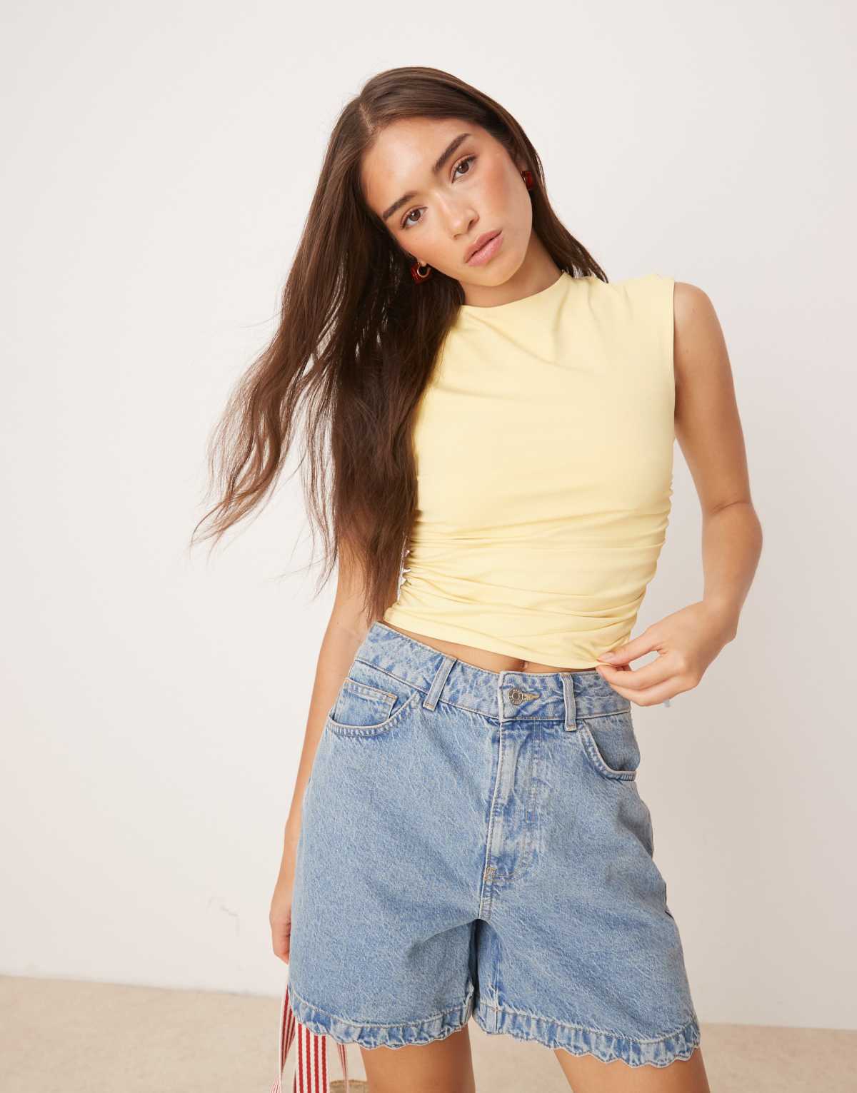 ASOS DESIGN polyamide ruched tank top in buttermilk yellow - YELLOW