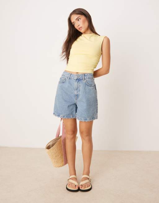 ASOS DESIGN polyamide ruched tank top with open back in pastel yellow, 3 of 4