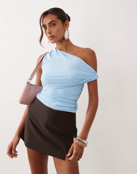 ASOS DESIGN polyamide ruched twist side cut away draped top in blue - view 1