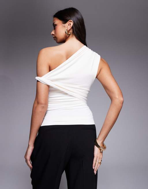 ASOS DESIGN polyamide ruched twist side cut away draped top in cream, 3 of 4