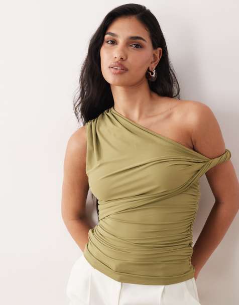 ASOS DESIGN polyamide ruched twist side cut away draped top in khaki green - view 1