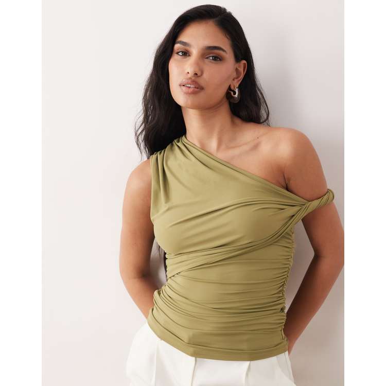ASOS DESIGN polyamide ruched twist side cut away draped top in
