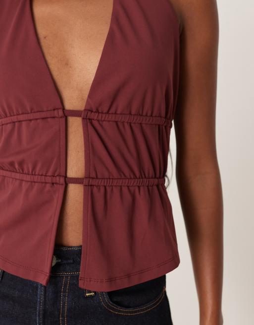 ASOS DESIGN polyamide ruched waist detail halter top in burgundy, 2 of 4