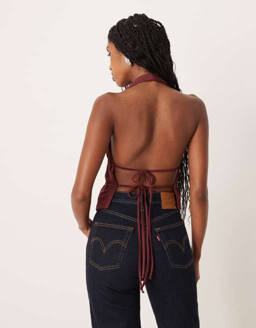 ASOS DESIGN polyamide ruched waist detail halter top in burgundy, 3 of 4
