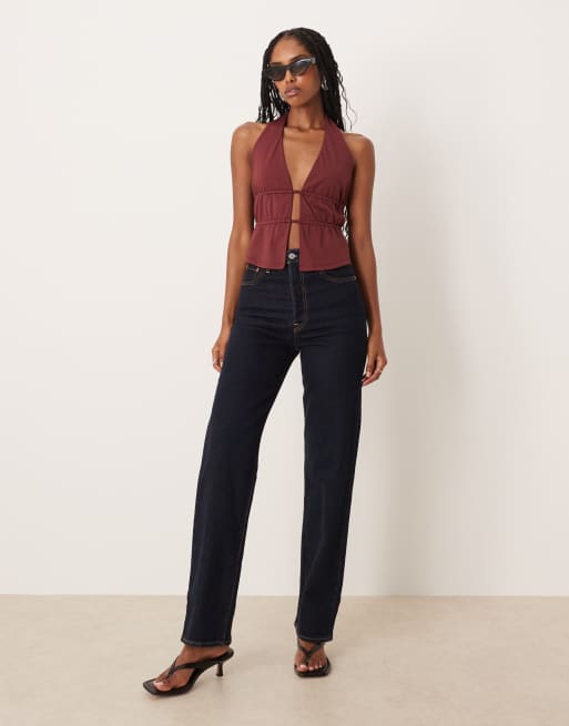 ASOS DESIGN polyamide ruched waist detail halter top in burgundy, 4 of 4