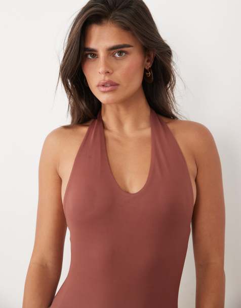 ASOS DESIGN polyamide scoop bodysuit in chocolate - view 1