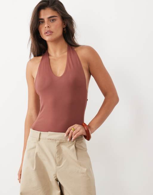 ASOS DESIGN polyamide scoop bodysuit in chocolate, 3 of 4