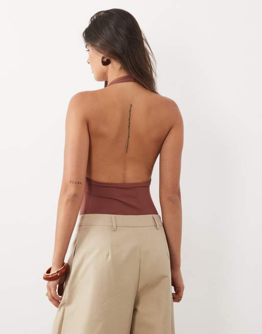 ASOS DESIGN polyamide scoop neck bodysuit in chocolate, 4 of 4