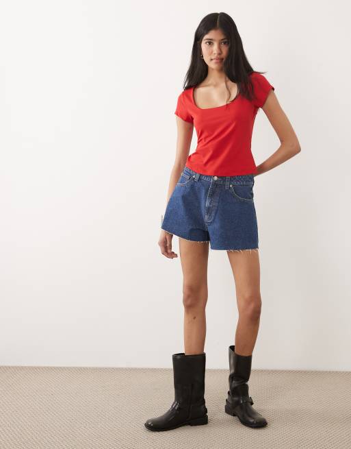 ASOS DESIGN polyamide scoop neck short sleeve top in red, 2 of 4