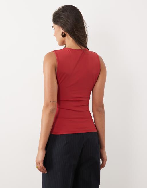 ASOS DESIGN polyamide scouped neck top in cherry red, 4 of 4
