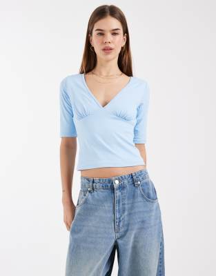 Asos Design Polyamide Short Sleeve Plunge Neck Top In Blue
