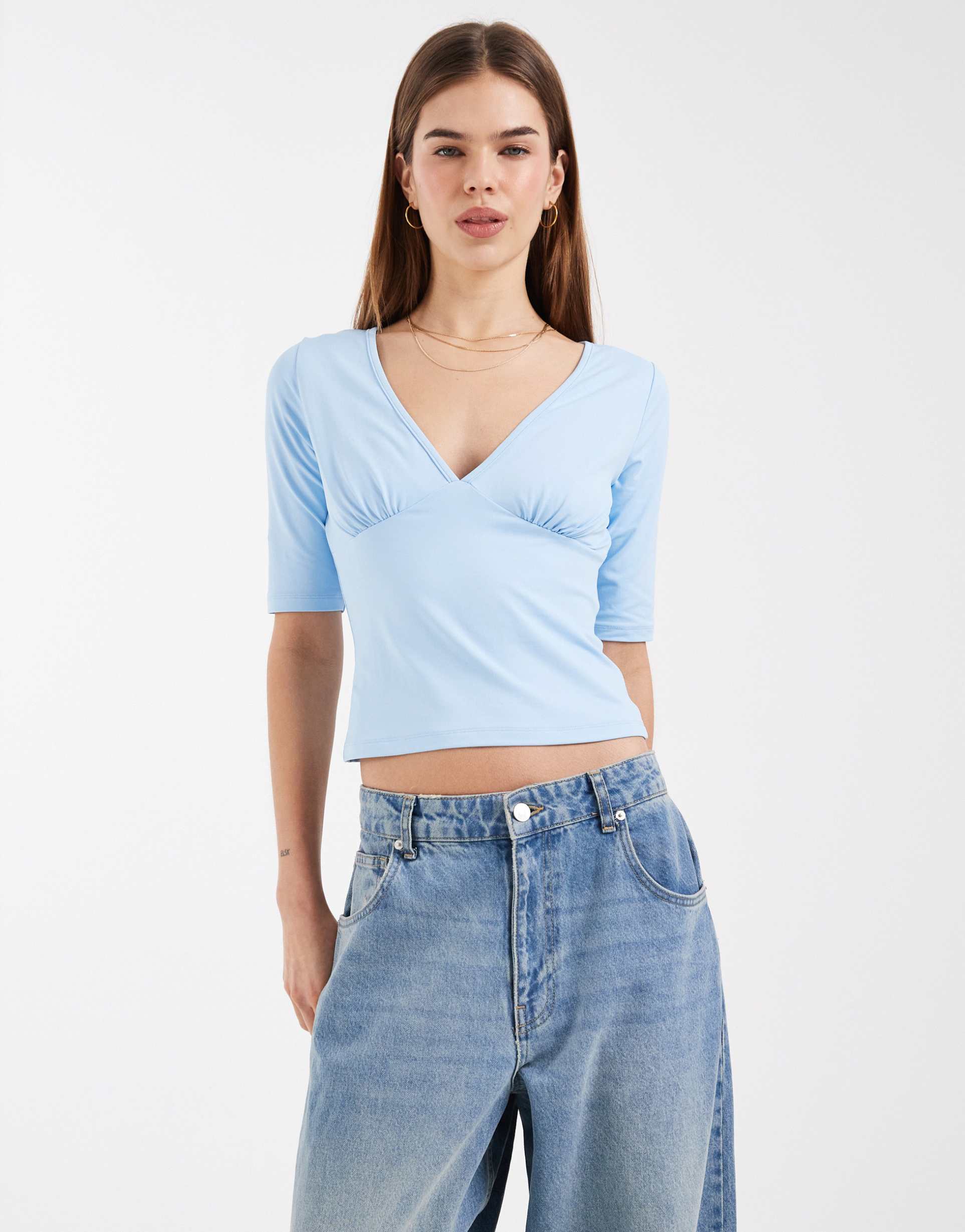 asos design polyamide short sleeve plunge neck top in blue