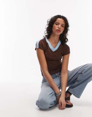 ASOS DESIGN polyamide short sleeve v neck contrast top in brown and blue