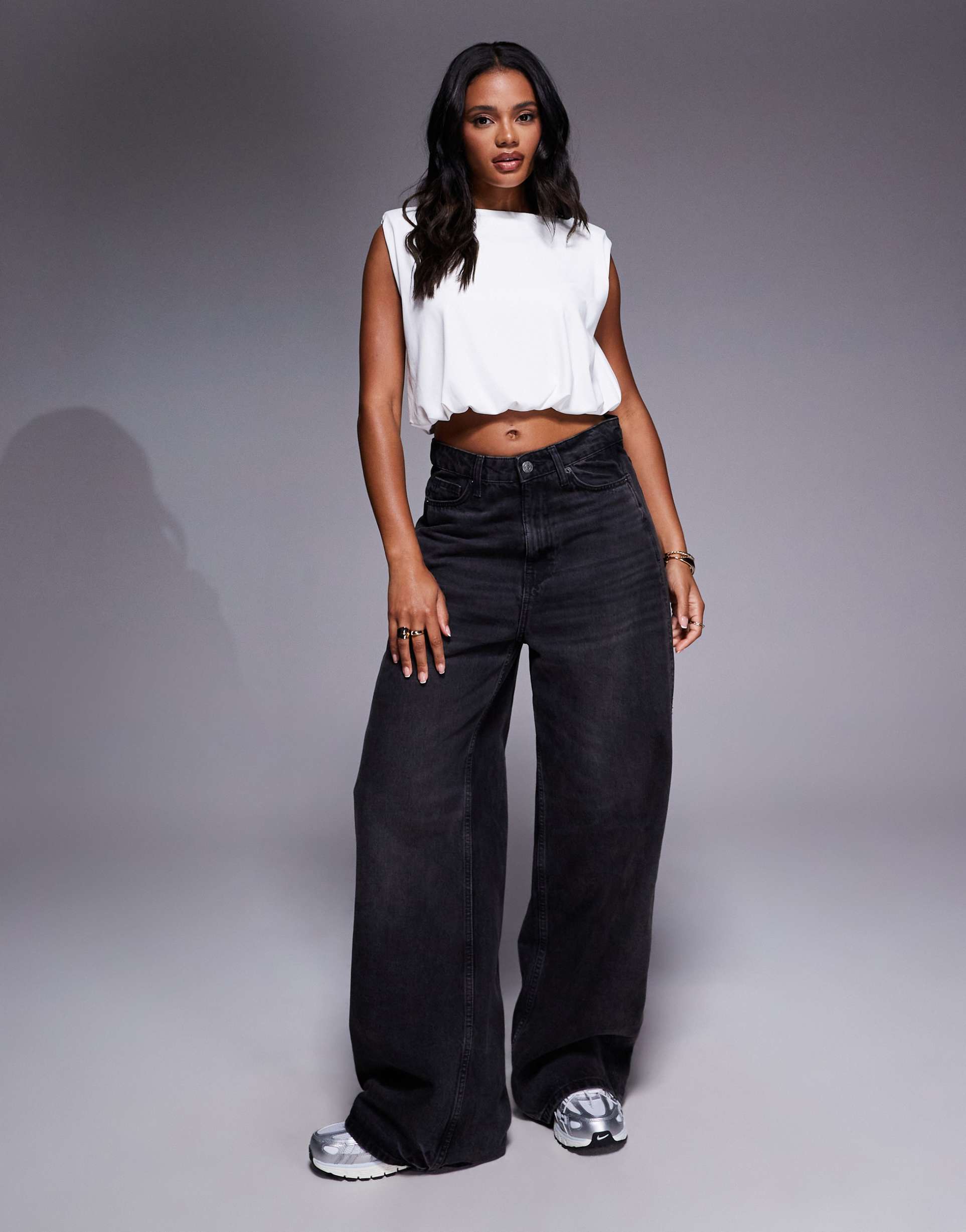 asos design polyamide shoulder pad bubble top in ivory