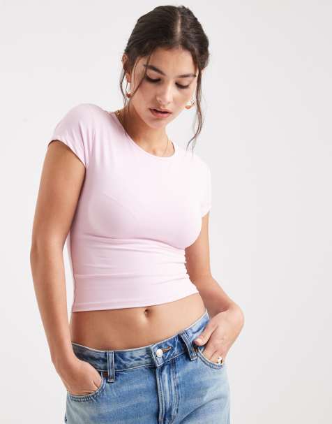 ASOS DESIGN polyamide slinky baby tee in baby pink - view 1