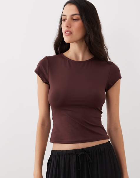 ASOS DESIGN polyamide slinky baby tee in chocolate - view 1