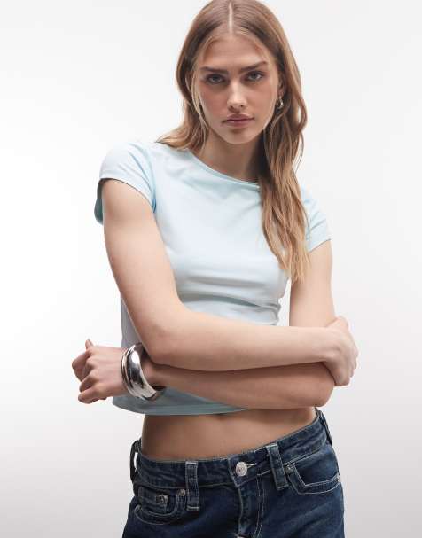 ASOS DESIGN polyamide slinky baby tee in light blue - view 1