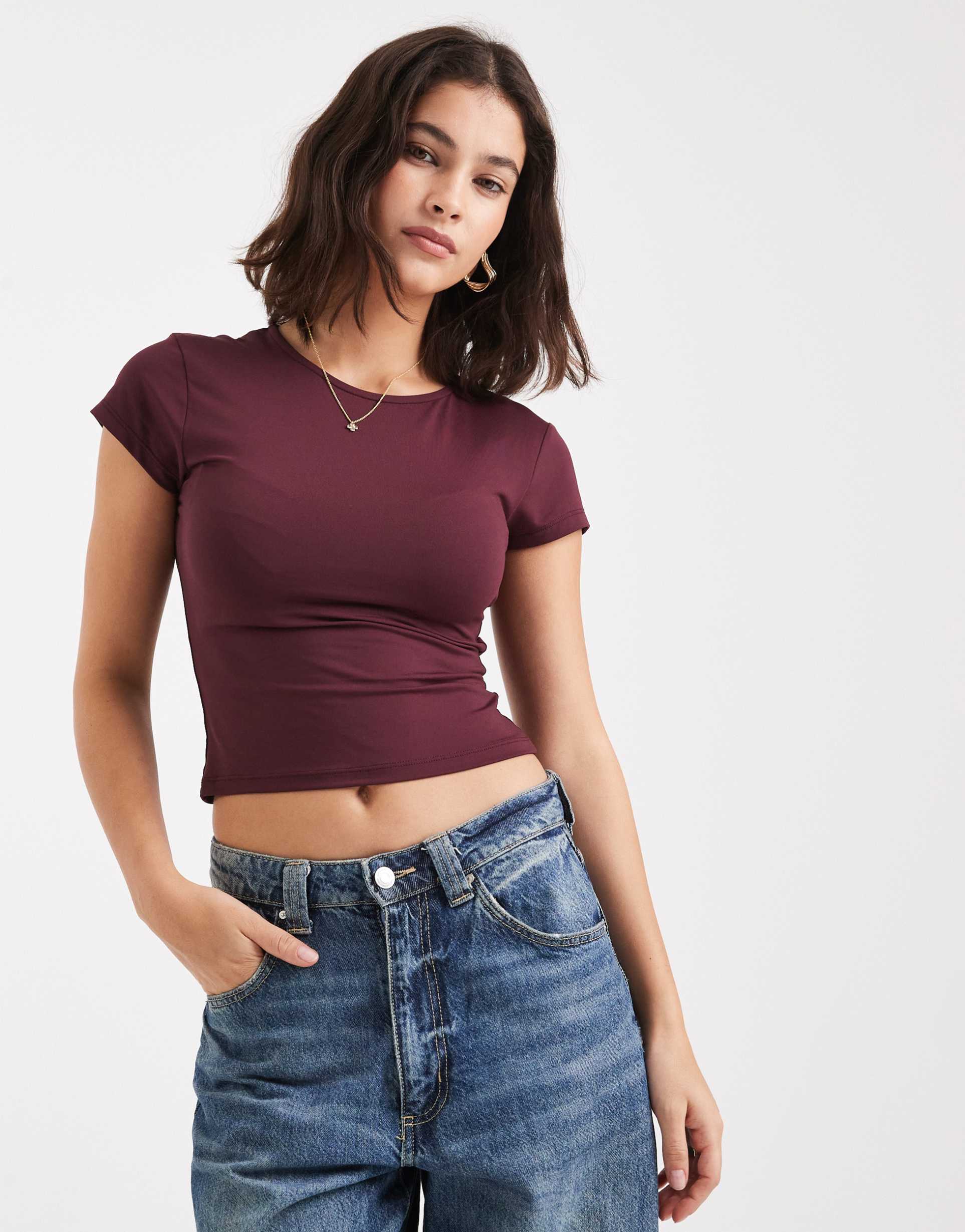 asos design polyamide slinky baby tee in plum