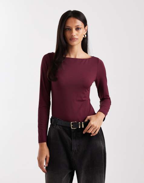 ASOS DESIGN polyamide slinky boat neck bodysuit in berry