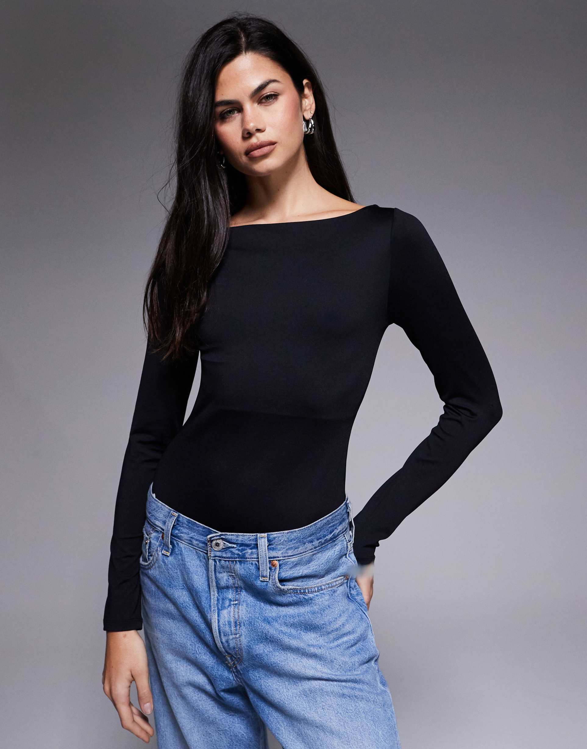 asos design polyamide slinky boat neck long sleeve bodysuit in black