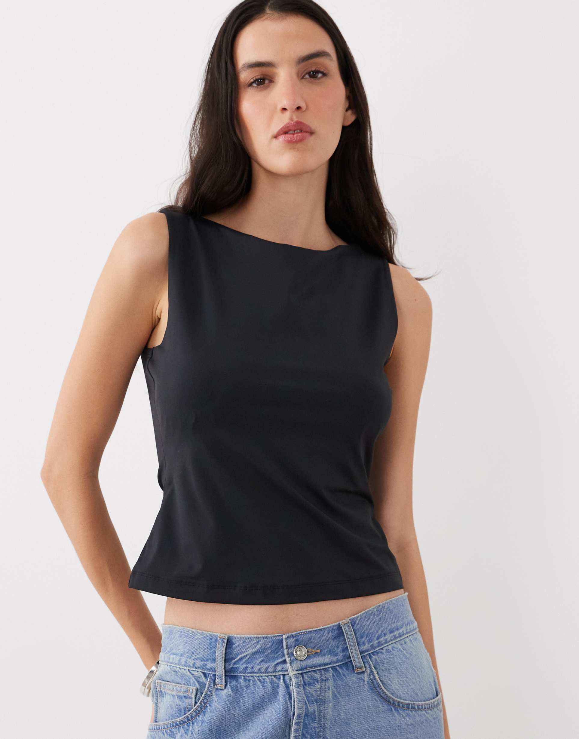 asos design polyamide slinky boat neck top in black