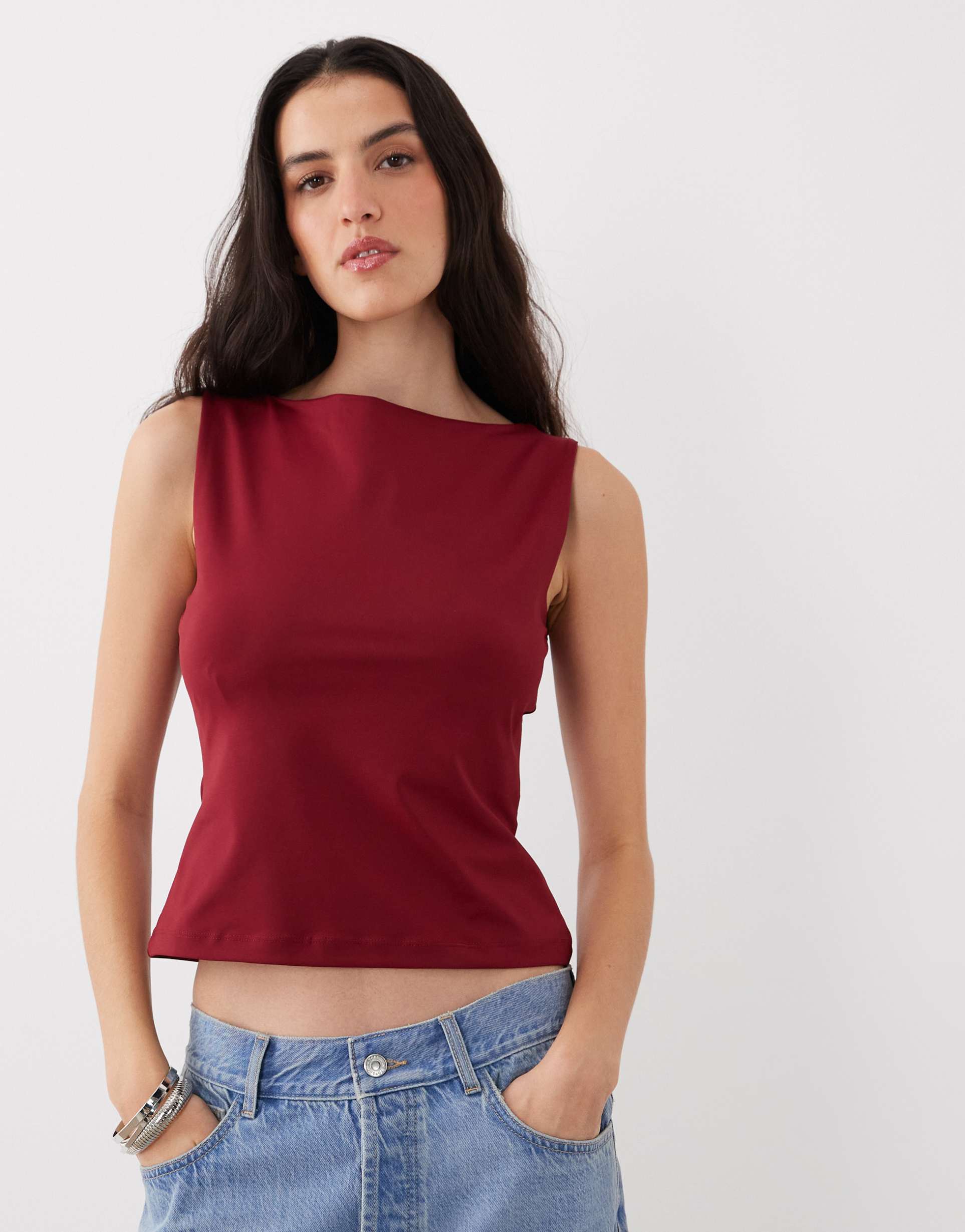 asos design polyamide slinky boat neck top in burgundy