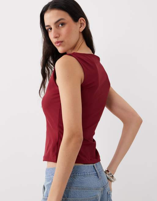 ASOS DESIGN polyamide slinky boat neck top in burgundy, 4 of 4