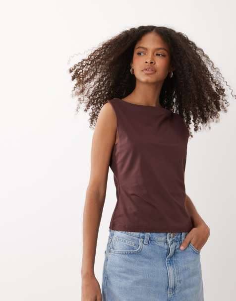 ASOS DESIGN polyamide slinky boat neck top in chocolate - view 1