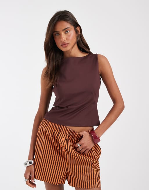 ASOS DESIGN polyamide slinky boat neck top in chocolate, 4 of 4