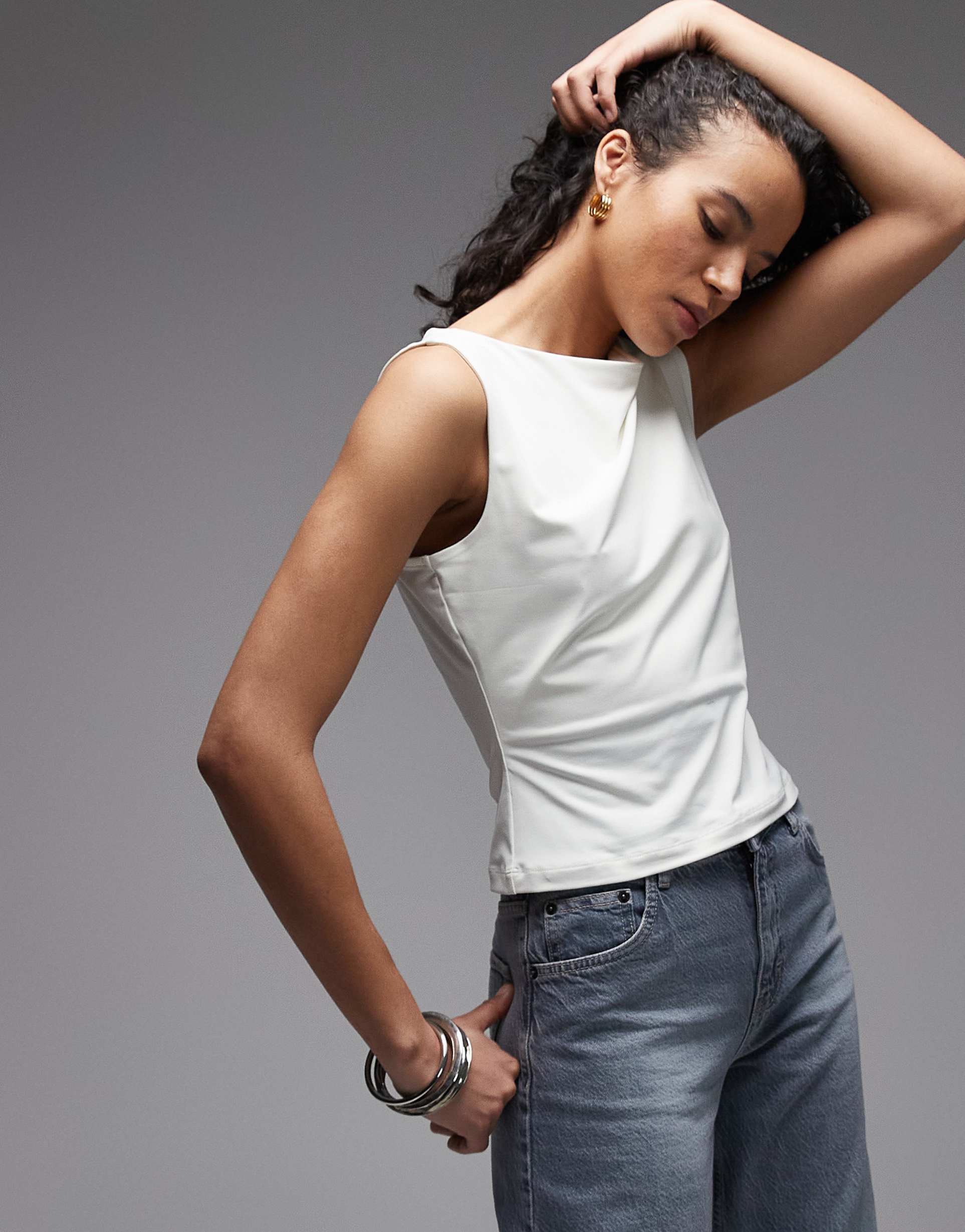 asos design polyamide slinky boat neck top in ivory