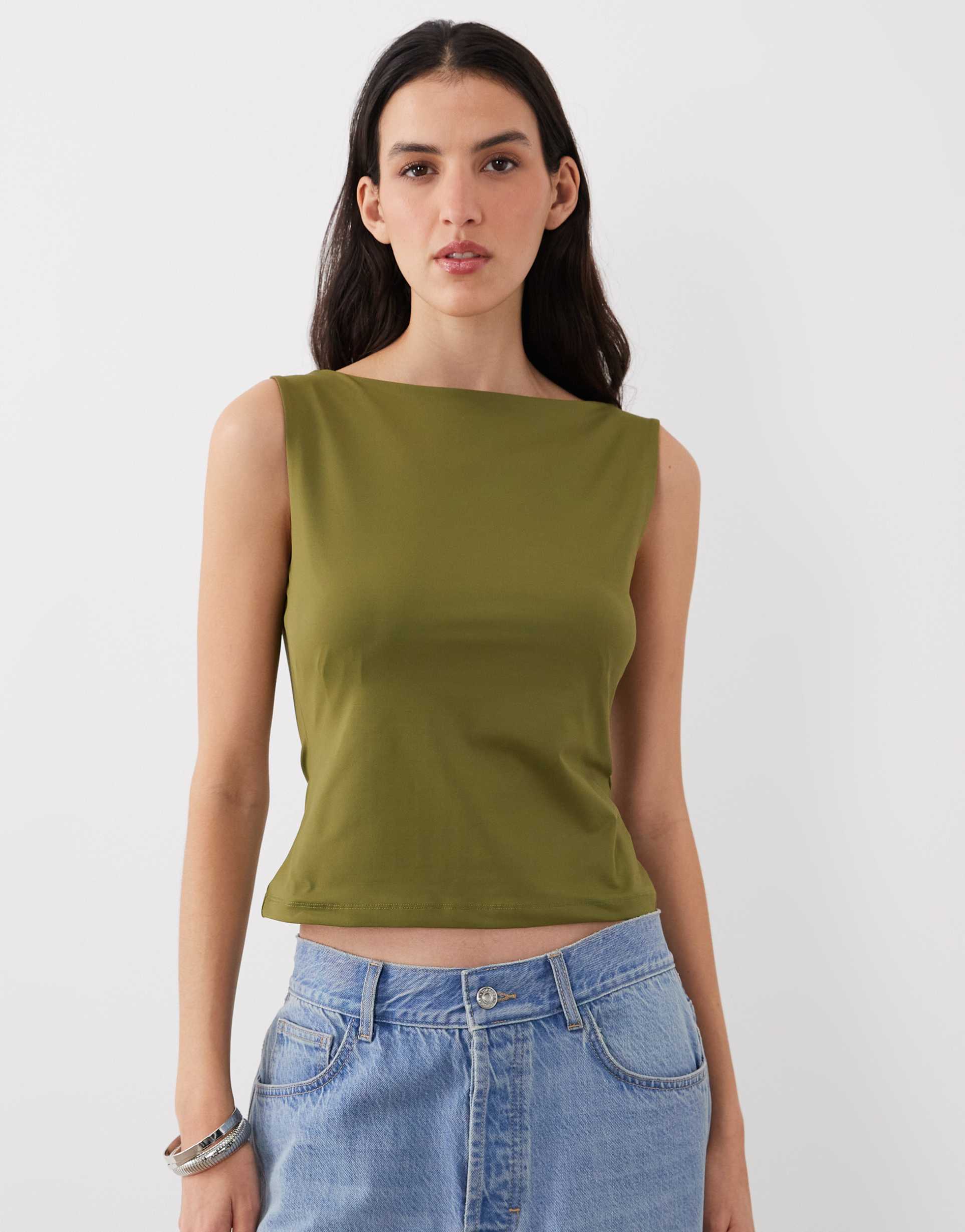 asos design polyamide slinky boat neck top in khaki