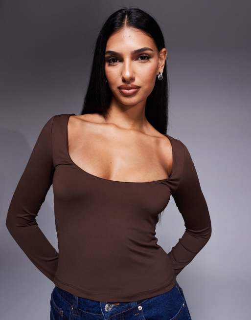 ASOS DESIGN polyamide slinky deep scoop neck top in chocolate, 3 of 4