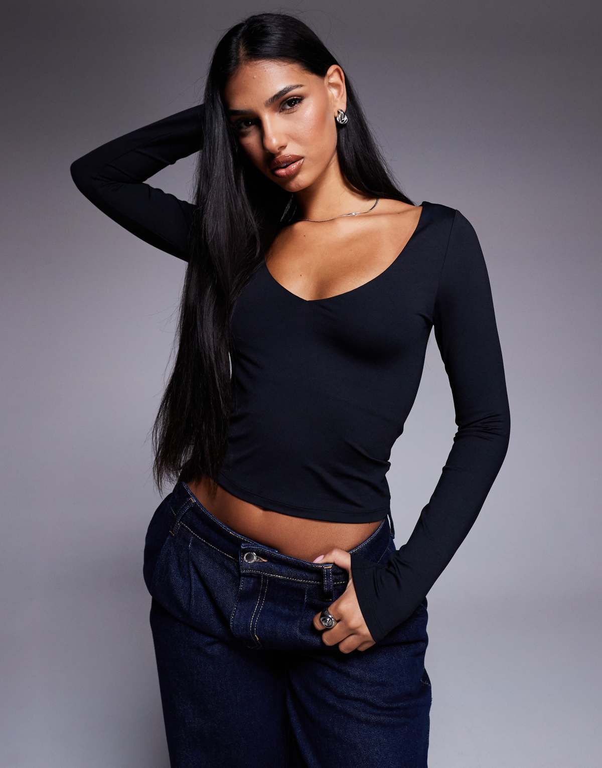 ASOS DESIGN polyamide slinky deep v neck top in black