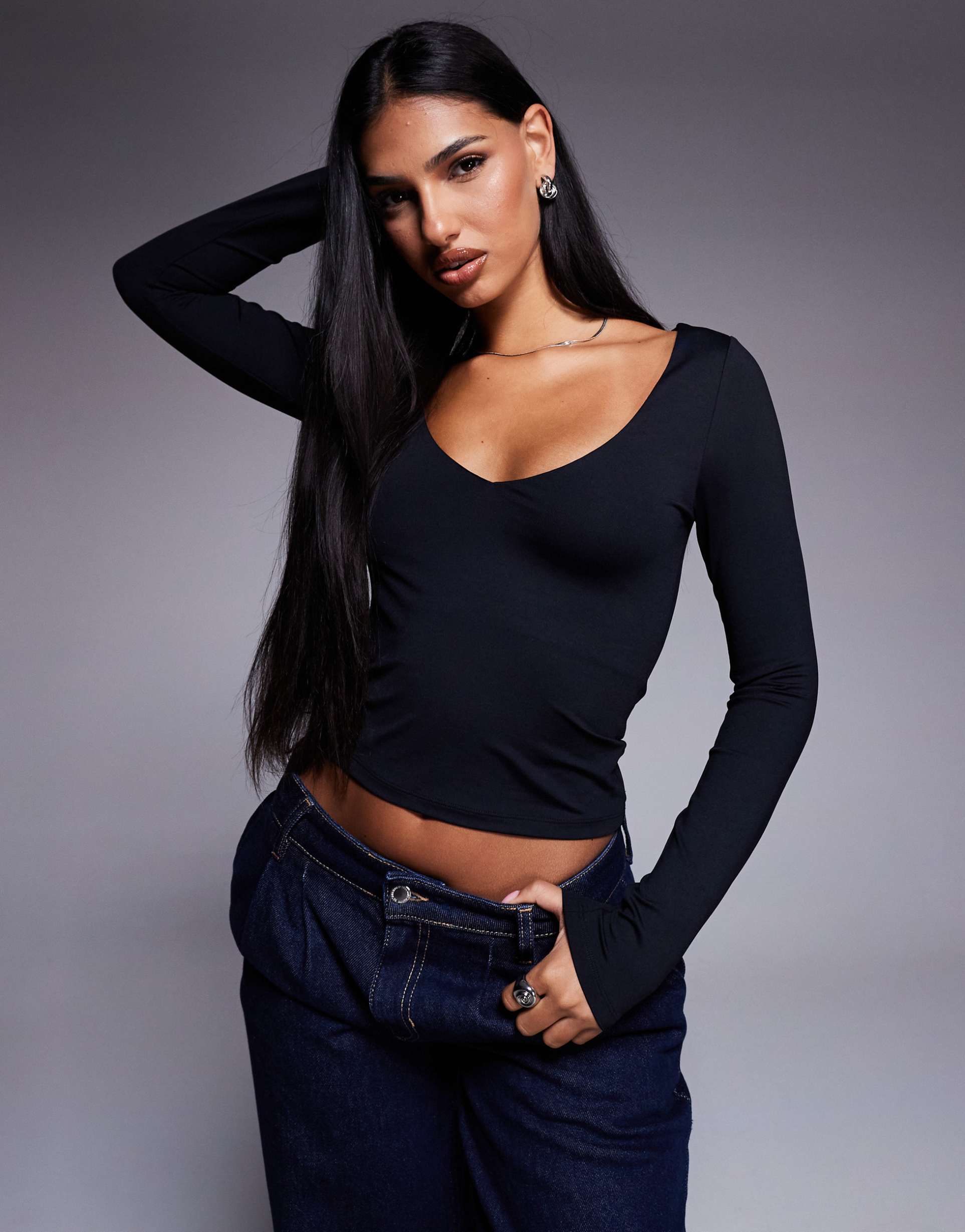 asos design polyamide slinky deep v neck top in black