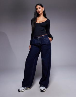 Asos Design Polyamide Slinky Deep V Neck Top In Blue
