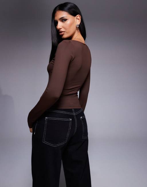 ASOS DESIGN polyamide slinky deep v neck top in chocolate, 3 of 4