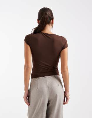 Asos Design Polyamide Slinky Everyday Short Sleeve Top In Brown