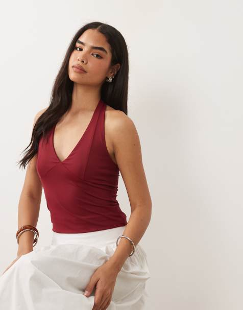 ASOS DESIGN polyamide slinky halterneck top in burgundy - view 1