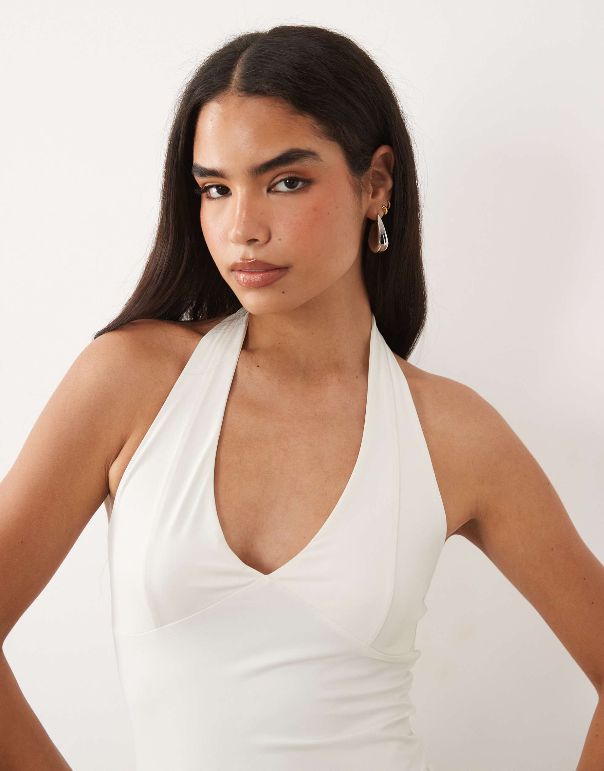 asos design polyamide slinky halterneck top in white