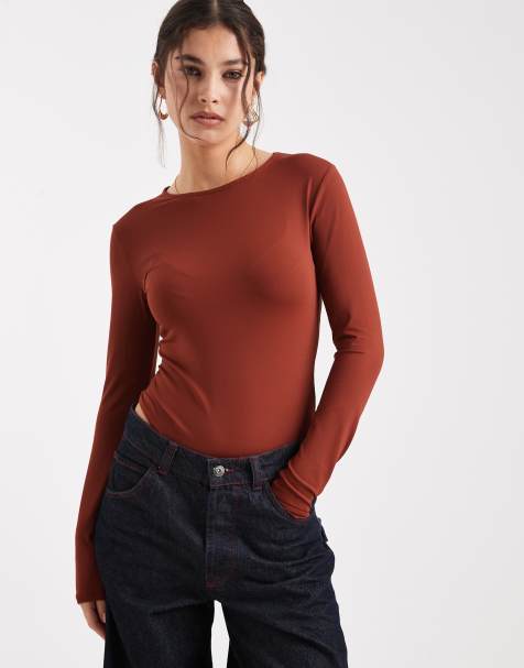 ASOS DESIGN polyamide slinky long sleeve bodysuit in rust - view 1