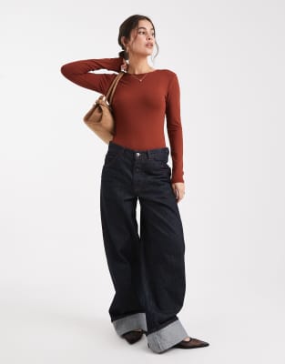Asos Design Polyamide Slinky Long Sleeve Bodysuit In Brown