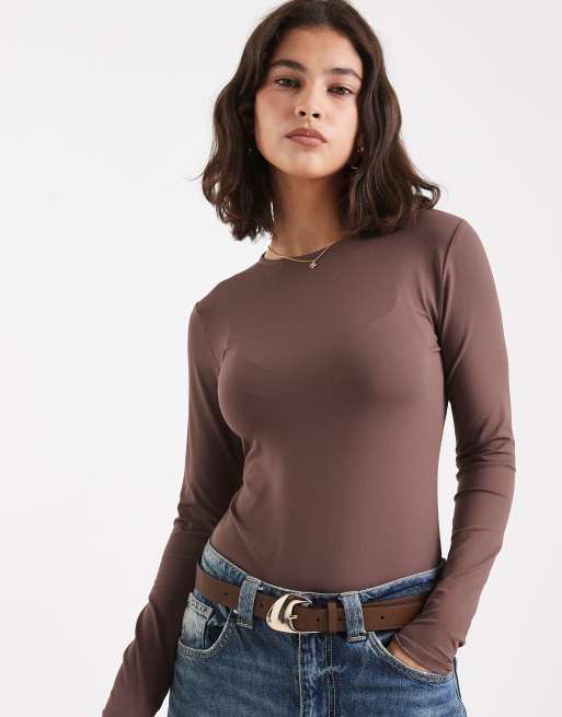 ASOS DESIGN polyamide slinky long sleeve bodysuit in taupe